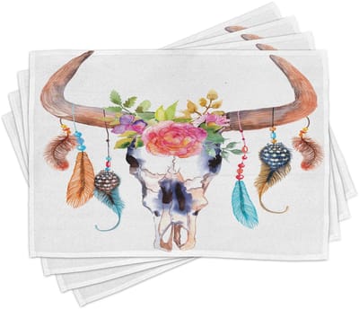 ABAKUHAUS aquarel-placematten, stierenkop met hangende bloemen en veren, etnisch geïnspireerd ontwerp van inheemse volkeren, tafeldecoratie van kleurvast stof voor eetkamer en keuken, veelkleurig