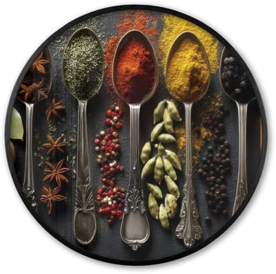 Poster in lijst Rond - Fotolijst 60x60 cm - Posters - Lepels - Specerijen - Kaneel - Chili - Ronde posterlijst zwart - Decoratie - Wanddecoratie woonkamer - Muurdecoratie slaapkamer