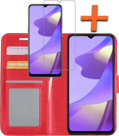 Hoes - Met Screenprotector - Geschikt voor OPPO A16s - Luxe Pasjeshouder - Bookcase Portemonee - Flip Case - Kunstleer Book Case - Flipcase - Book Cover - Walletcase - PortemonneeHoes - Rood