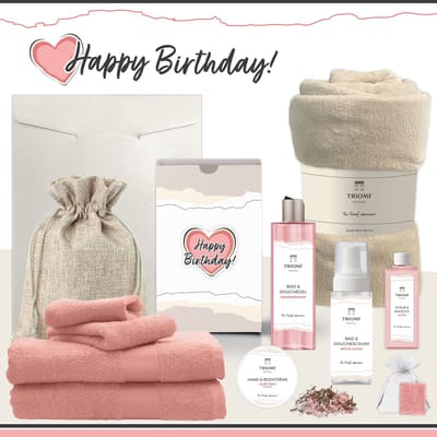 Geschenkset “Happy Birthday!” - 11 producten - 1660 gram | Triomf Original - Giftset voor haar Cadeau Valentijnsdag Luxe wellness cadeaubox Vrouw Ik hou van jou Cadeaupakket Kerst Geschenk Moeder Verjaardag Gift Set Valentijn Vriendin Roze Beige