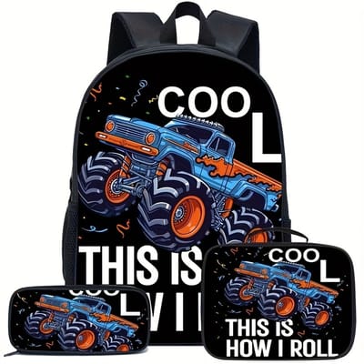 Monstertruck Rugzak Set | Cool, This is how I rol | 3-Delige Schooltas Set met Rugzak, Etui en Lunchtas | Truckpatroon Rugtas met 3D Details | Stevige Schoolrugzak | 20 Liter