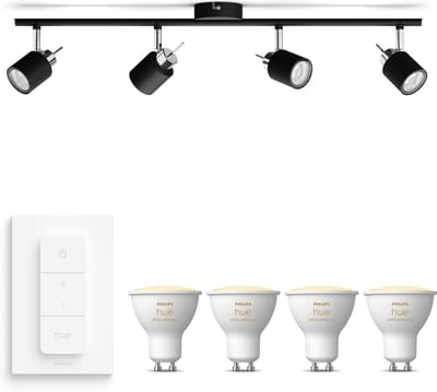 Philips Hue Meranti Opbouwspot (Zwart) - Warm tot Koelwit Licht - Incl. Hue Dimmer Switch - Plafondspot met 4 Lichtpunten - GU10 - Hue White Ambiance