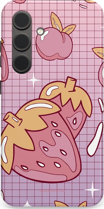 Casetastic Hoesje Geschikt voor Samsung S24 - Stijlvolle Beschermende Duo-layer Case - Zoete aardbeien raster