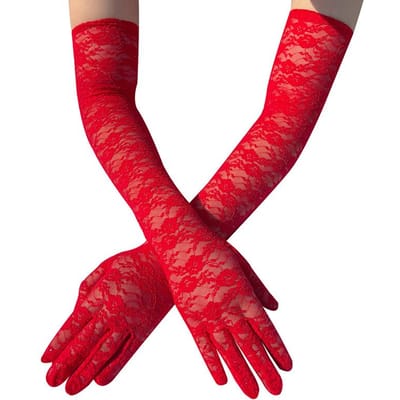 Dames doorzichtige bloemenkant lange handschoenen zwart wit rood sexy ellebooglengte wanten bruiloft feest avondhandschoenen accessoires red