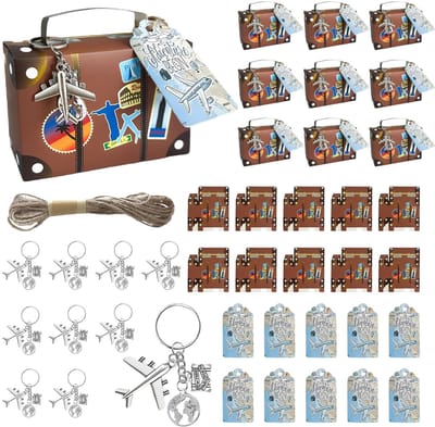 SMOAKEZ- Vliegtuighanger Set 10 Stuks - Mini-Kofferdozen - Vliegtuigsleutelhangers - Henneptouw 10 Meter - Gastgeschenken - Duurzaam Materiaal - Sleutelhanger