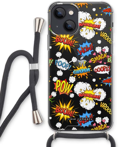 Case Company® - Hoesje met koord geschikt voor iPhone 13 mini hoesje met Koord - Pow Smack - Telefoonhoesje met Zwart Koord - Bescherming aan alle Kanten en Over de Schermrand