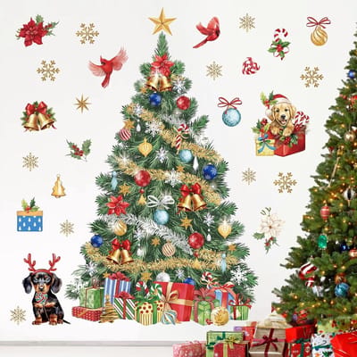 EGoods - Grote muursticker Kerstmis hond boom venster wanddecoratie voor Kerst party - Feestelijke raam decoratie met Kerstboom motief