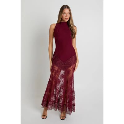 boohoo Dames Maxi jurk met kanten zoom | Wine | Maat: 8
