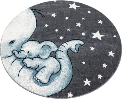 Flycarpets Flycarpets - Kids Kinderkamer Olifant Blauw Vloerkleed Rond - 120x120 cm