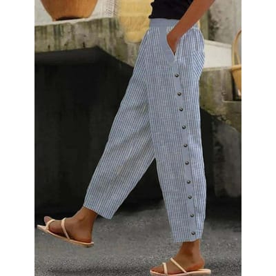 Pantalon court à taille élastique boutonnée à rayures imprimées pour femme, pantalon décontracté d'été à poches XXL bleu
