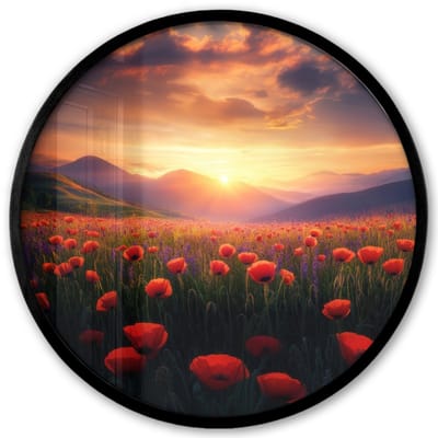 Poster in lijst Rond - Fotolijst 40x40 cm - Posters - Landschap - Zonsondergang - Bloemenveld - Ronde posterlijst zwart - Decoratie - Wanddecoratie woonkamer - Muurdecoratie slaapkamer