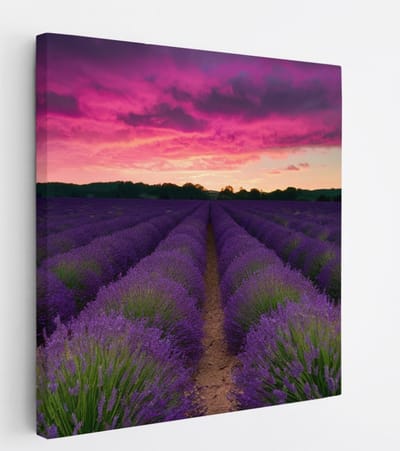 Saammp Canvas Schilderij - Lavendel met paarse lucht - Landschap - Natuur - 20x20 - Foto op canvas - Wanddecoratie - Muurdecoratie Woonkamer - Slaapkamer decoratie - Canvas Print