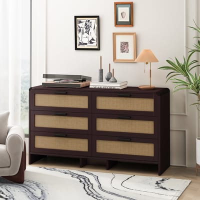 DESMIU Ladekast - Met 6 Laden En Afgeronde Hoeken - Voor Woonkamer Slaapkamer En Keuken - Spaanplaat Met Rotanlook - 130 Cm - Roodbruin