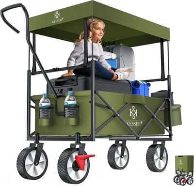 Opvouwbare Bolderkar - Transportkar Tuin - Uitstapjes met kinderen - Voorwielrem en dak - 100 kg draagvermogen - Khaki