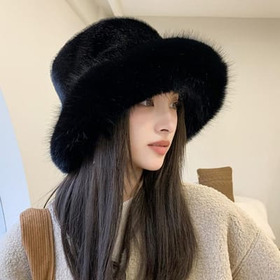 Chapeau de Pêcheur Moelleux en Fourrure de Vison Imitation Haut de Gamme Style Dame Dame Grand Chef Chapeau en Peluche Chapeau Chaud d'Hiver one size fits all black