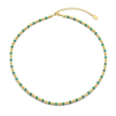 CO88 Collection 8CN-26235 Stalen Ketting - Dames - Blauw Turkoois - Kralen - 4 x 2 mm - 38 + 7 cm - Goudkleurig