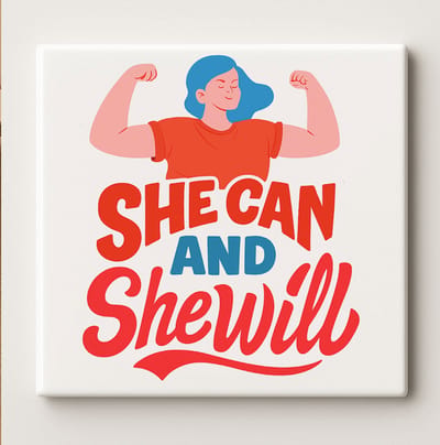 Keramische Motivatie Tegel 15x15cm – “She Can and She Will” Inspirerende Quote – Krachtige Muurdecoratie voor Vrouwen & Kantoor
