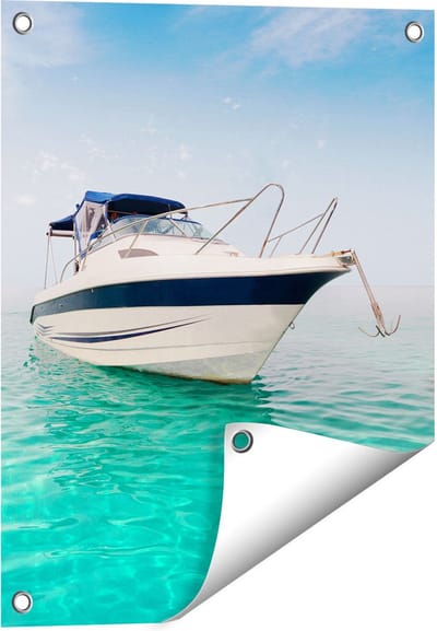 Gards Tuinposter Motorboot aan het Strand met Blauw Water - 40x50 cm - Tuindoek - Tuindecoratie - Wanddecoratie buiten - Tuinschilderij