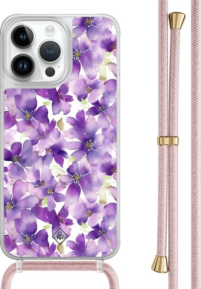 Casimoda® hoesje met rosegoud koord - Geschikt voor iPhone 14 Pro Max - Floral Violet - Afneembaar koord - TPU/polycarbonaat - Paars
