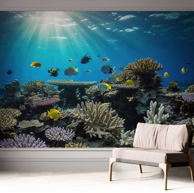 Coloray Zelfklevend Behang - Onderwaterwereld Zelfklevend fotobehang - 312x250 cm - Blauw Zelfklevend Behang - Voor de badkamer, woonkamer, slaapkamer - Herpositioneerbaar - Stickerbehang op rol