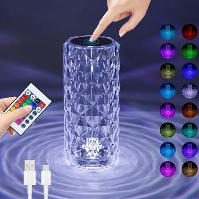 NETTLIFE Tafellamp LED - RGB - 16 kleuren - draadloos - Touch Dimbaar - Kristal oplaadbare USB - met afstandsbediening - modern - voor Slaapkamer | Café | Woonkamer