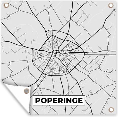 Tuin poster Stadskaart – Plattegrond – België – Zwart Wit – Poperinge – Kaart - 200x200 cm - Tuindoek