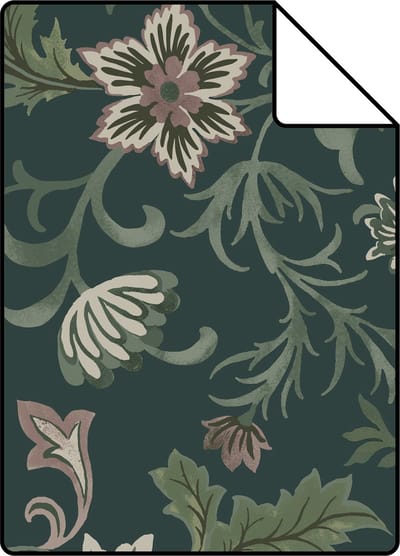 Proefstaal ESTAhome behang vintage bloemen antraciet grijs en groen - 26.5 x 21 cm - 139415-S