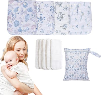 Herbruikbare luiers baby, herbruikbare stoffen luiers | Wasbaar verstelbare baby luiers,4x absorberende voeringen met 4 inzetstukken en 1 natte tas, waterdichte deksel voor peuter jongensmeisjes