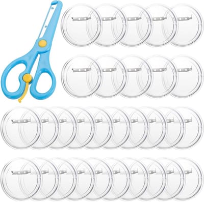 Allecto Plus - 30 stuks Transparante Knop Pin Badge Kit - Handgemaakte Badges - Doe-Het-Zelf Ambachten - Veiligheidsschaar - Acryl Rond