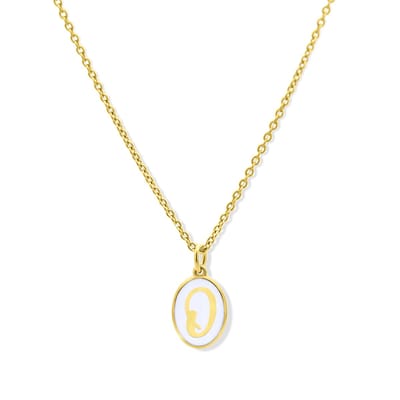 New Bling 9LA-20061-O Zilveren Ketting met Letterhangertje - O - Ovaal - 12x8,8mm - Emaille - Wit - Zilver - Initiaal sieraad - Verguld/Goud op Zilver