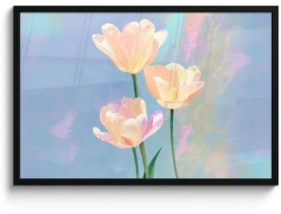 Poster in lijst - Fotolijst 90x60 cm - Posters - Tulpen - Roze accenten - Blauw - Posterlijst zwart - Decoratie - Wanddecoratie woonkamer - Muurdecoratie slaapkamer
