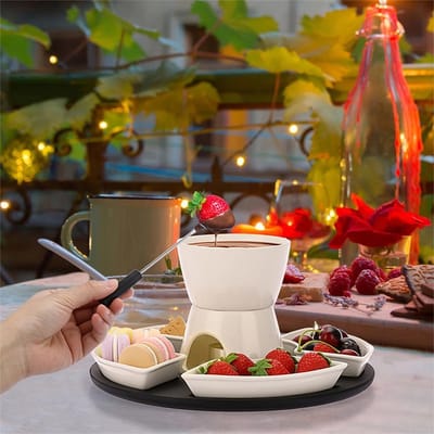 Chocoladefondue set van 300 ml in witte keramiek met houten plateau, 11-delig voor feestelijke avonden en gezellige momenten