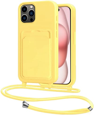 Hoes Geschikt voor iPhone 14 Pro Hoesje Pasjeshouder Cover Met Koord Case Siliconen Hoes Met Telefoonkoord en Kaarthouder - Geel