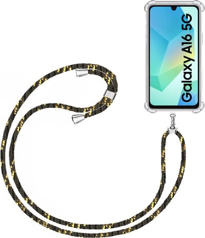 Telefoonkoord + Hoesje Geschikt voor Samsung Galaxy A16 5G - Lengte Verstelbaar - Telefoonketting - Shock Proof Case - Zwart Goud