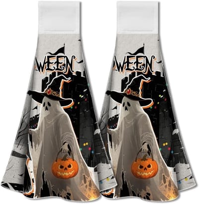 2 Pack Halloween Ghost Keuken Hangende Handdoeken met Lus, Decoratieve Pompoenen en Vleermuizen, Zacht en Absorberend Microfiber voor Thee en Schotel