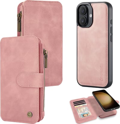 Casemania Hoesje Geschikt voor Apple iPhone 16 - Pale Pink - 2 in 1 Magnetic Book Case met Rits