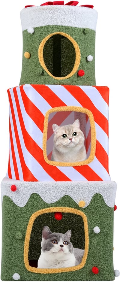 COSTWAY Kattenmand met 3 verdiepingen voor Kerstmis, 120 cm, stapelbare geschenkdozen met sneeuw, strik en bal, kattenhuis van pluche, kattenbed katten, kattenmeubel binnen, rood + wit + groen