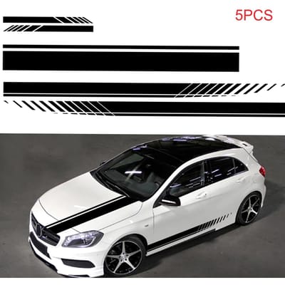 5 PIÈCES Autocollant Décalcomanie Rayure Latérale de Carrosserie, Jupe, Toit, Capot de Course Universelle Blanche pour Toutes les Voitures Autocollant PVC noir