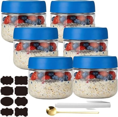 Verte Overnight Oats Potjes - Potjes voor Overnight Oats - Potjes voor Overnight Oats met Deksel - Maaltijdvoorbereiding - Herbruikbare Weckpotten voor Zelfgemaakte Jam - Mason-Potje met Lepel - Etiket - Blauw - 300 mL - 6 Stuks