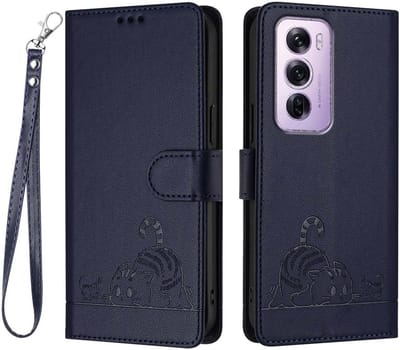 Geschikt voor Oppo Reno 12 Pro 5G - Portemonnee Lederen Magnetische Hoesje - Kaarthouder - Book Case - Donkerblauw