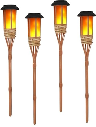 Knipperende Vlam Zonne Lampen - 4 Stuks Tuinverlichting met Bamboe Design