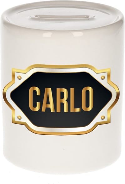 Spaarpot met voornaam Carlo - wit - met goud/zwart embleem - 8 x 9 cm - keramiek - met afsluitdop - cadeau verjaardag
