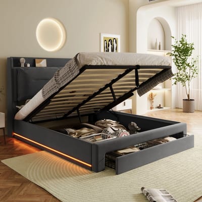 DESMIU Gestoffeerd Bed 140x190 cm – Ledverlichting Met Instelbare Kleuren – Hydraulische Opbergruimte En Lade – Voor Slaapkamer – Fluweel – Donkergrijs – Zonder Matras