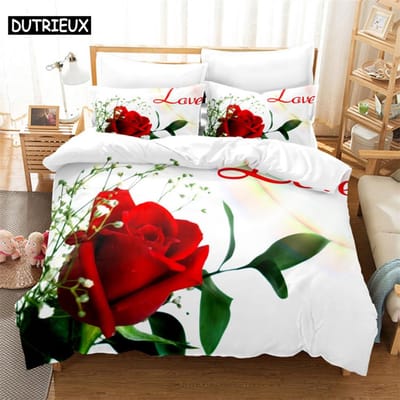 3D Rode Roos Print - 3-delige Dekbedovertrek Set, Verkrijgbaar in King, Queen, Full, Eenpersoons & Tweepersoons Maten US Twin(172x218cm)&Duvet Cover