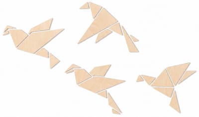 Houten wanddecoratie - Wooden wall decoration | Vogels 24 x 20cm (per vogel/bird) Birds (x4) | Licht hout - Natural wood | Geometrische muurdecoratie - Geometric wall art - Origami Design Wandfiguur - Echt Hout - Real Wood