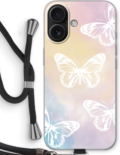 Case Company® - Hoesje met koord geschikt voor iPhone 16 hoesje met Koord - White butterfly - Telefoonhoesje met Zwart Koord - Bescherming aan alle Kanten en Over de Schermrand