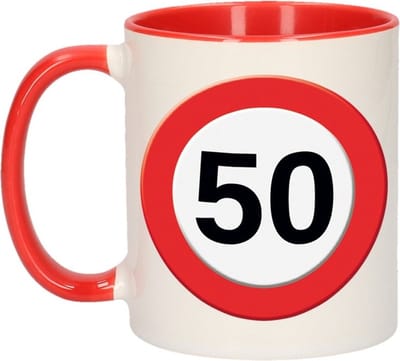 50 jaar verkeersbord Koffiemok - Beker - rood/wit - 300 ml - Cadeau - Abraham - Sara - Verjaardag