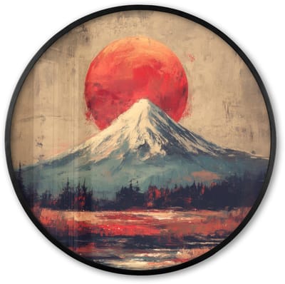 Poster in lijst Rond - Fotolijst 60x60 cm - Posters - Bergtop - Sneeuw - Zon - Ronde posterlijst zwart - Decoratie - Wanddecoratie woonkamer - Muurdecoratie slaapkamer