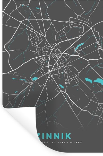 Muurstickers - Sticker Folie - België – Zinnik – Stadskaart – Kaart – Blauw – Plattegrond - 20x30 cm - Plakfolie - Muurstickers Kinderkamer - Zelfklevend Behang - Zelfklevend behangpapier - Stickerfolie