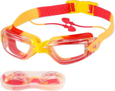Thijox - Uniseks zwembril voor kinderen 4-14 jaar, anti-condens zwembril met brede glazen, conjoined oordopjes, Orbit-proof afdichtingen, rood, ideaal